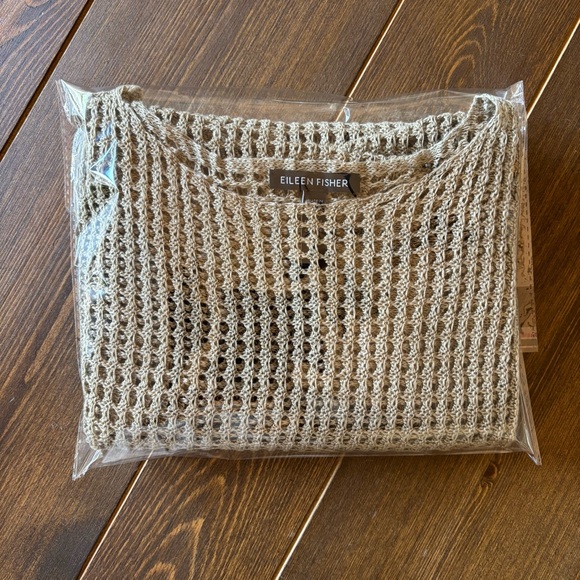 Eileen Fisher 100% Linen Open Knit Crochet Bateau Neck Boxy Top Tan | Size Small - Picture 10 of 10